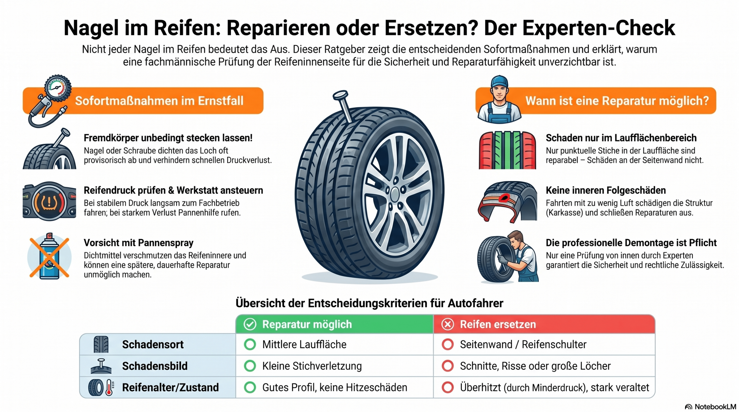 Infografik, die erklärt, wann ein Reifen mit einem Nagel repariert oder ersetzt werden sollte. Enthält eine Checkliste, einen Überblick über die Kriterien, eine Abbildung des Reifens und Symbole, die Sofortmaßnahmen und Reparaturmöglichkeiten anzeigen. Der Text ist auf Deutsch.
