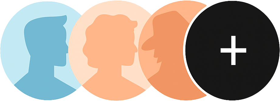 Drei sich überschneidende Silhouetten - ein blaues männliches Profil, ein orangefarbenes weibliches Profil und ein orangefarbenes männliches Profil mit einem Hut - sind neben einem schwarzen Kreis mit einem weißen Pluszeichen abgebildet, das die Teamarbeit beim Reifenwechsel oder Reifenservice symbolisiert.