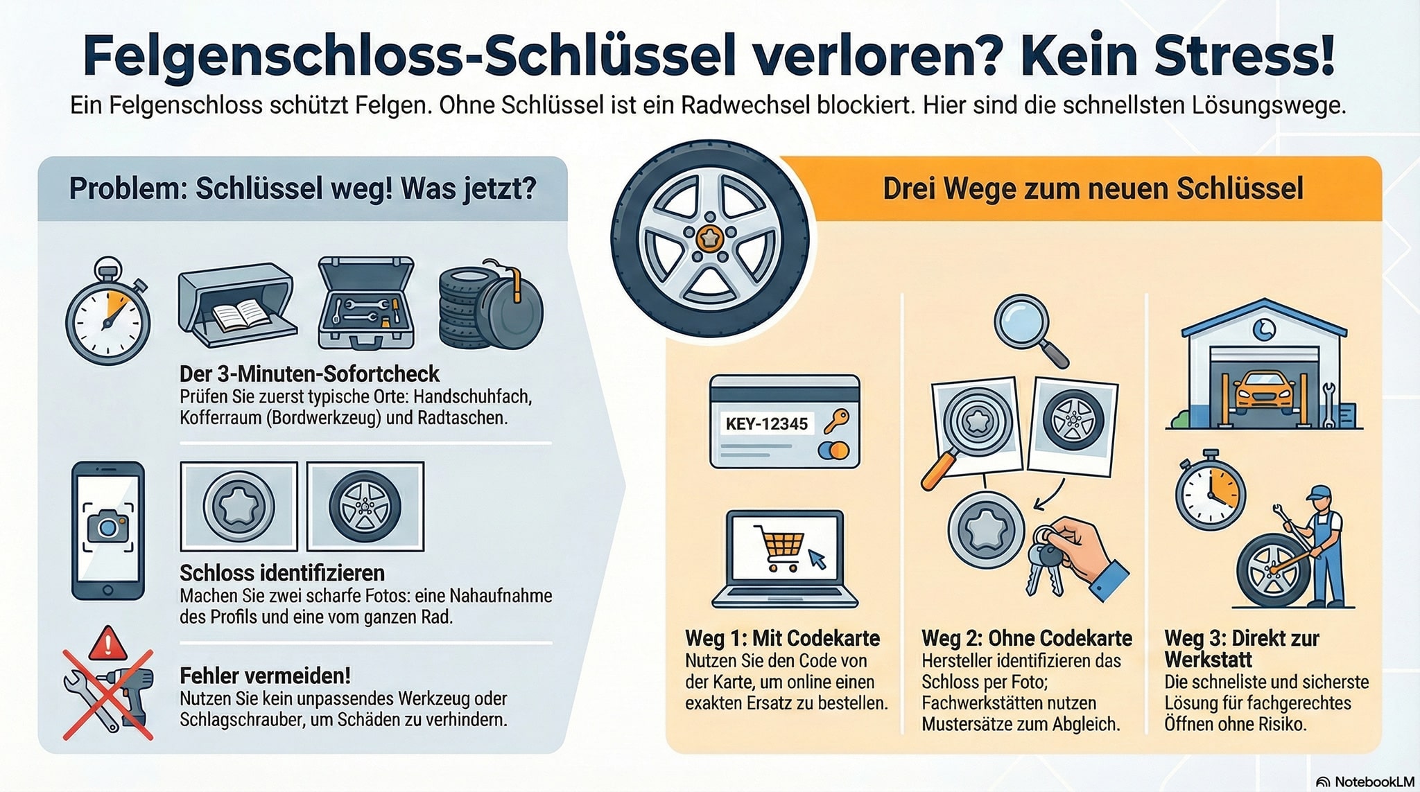 Infografik auf Deutsch, die erklärt, was zu tun ist, wenn ein Radschlossschlüssel verloren geht. Sie zeigt drei Lösungen, die Identifizierung des Schlosstyps und zu vermeidende Fehler, mit Text und Abbildungen von Rädern, Schlüsseln, einem Mechaniker und einem Schlosser.