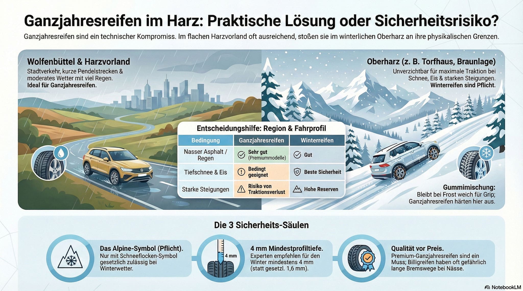 Infografik zum Vergleich von Ganzjahres- und Winterreifen im Harz; mit Abbildungen von Autos auf trockenen/nassen Straßen und verschneiten Bergen, einer Entscheidungstabelle und drei Symbolen, die die Sicherheitssäulen hervorheben: alpines Symbol, Profiltiefe und Reifenalter.