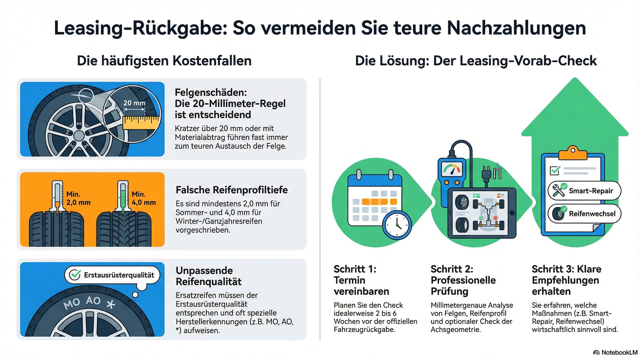 Infografik auf Deutsch über Leasing-Rückgabe: Links drei Kostentreiber (Felgenschäden, falsche Reifenprofiltiefe, unpassende Reifenqualität), rechts die Lösung mit drei Schritten und Symbolen zum Leasing-Vorab-Check.