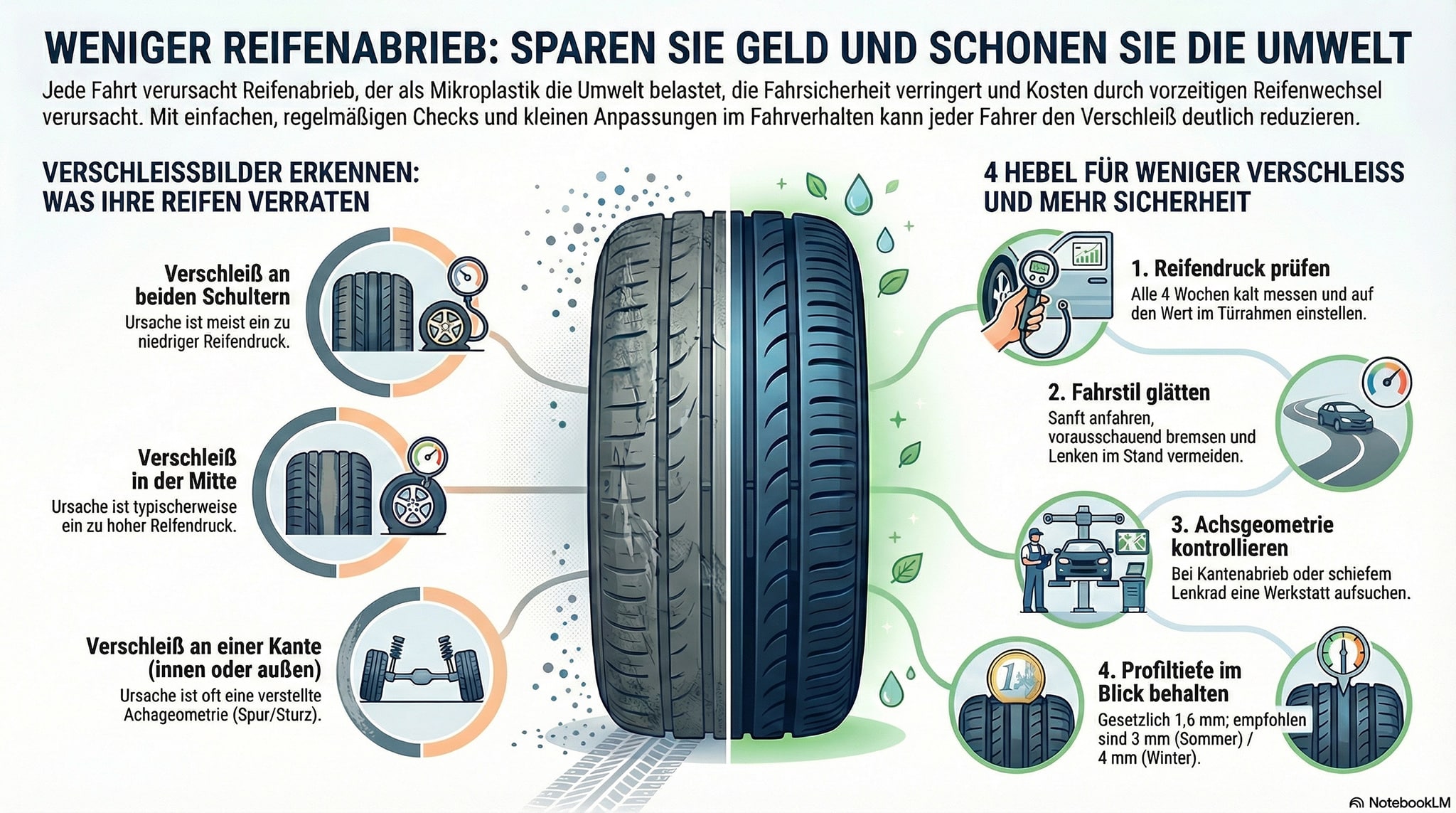 Infografik mit einem Reifen in der Mitte, umgeben von vier Tipps für weniger Reifenabrieb, Sicherheit und dem Erkennen von Verschleißbildern an Reifen durch unterschiedliche Abnutzung an Kanten oder in der Mitte.
