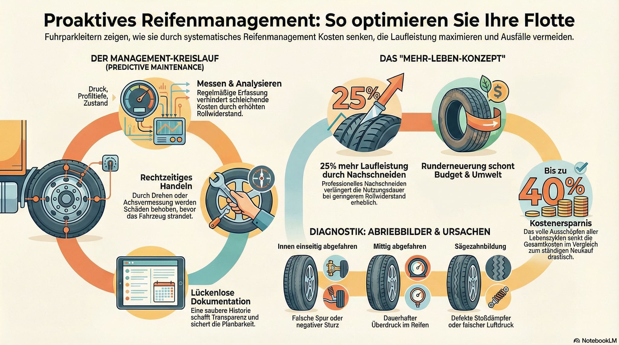 Infografik zum proaktiven Reifenmanagement: Grafiken und Texte erklären den Kreislauf von Wartung, Analyse, Bedarfsermittlung und Umsetzung sowie Einsparungen, Reifenschäden und Umweltvorteile für Fuhrparkunternehmen.