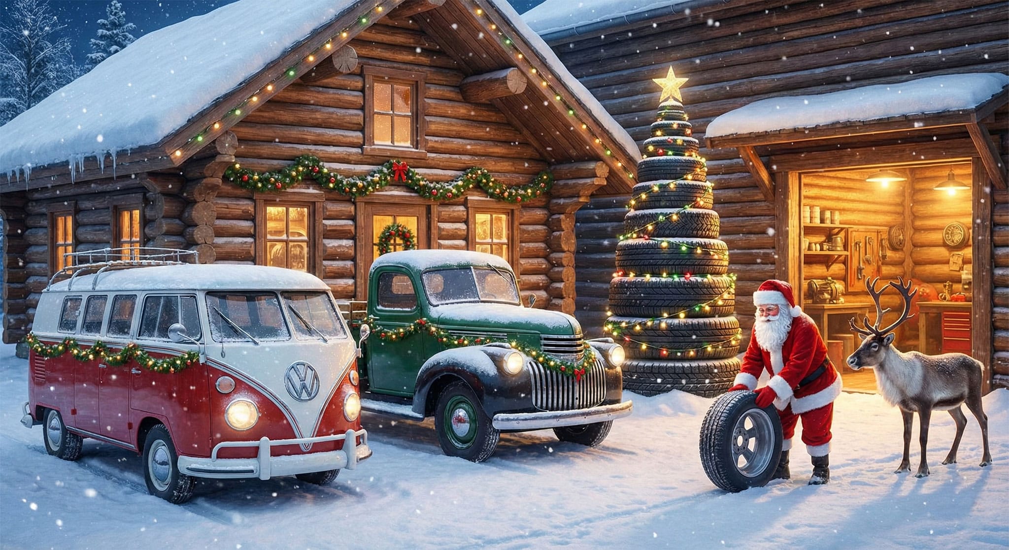 Der Weihnachtsmann hält einen Reifen neben einem Rentier und zwei Oldtimern vor einer geschmückten Blockhütte. Es schneit, und in der Nähe steht ein Weihnachtsbaum aus gestapelten Reifen. Die Szene ist festlich und winterlich.