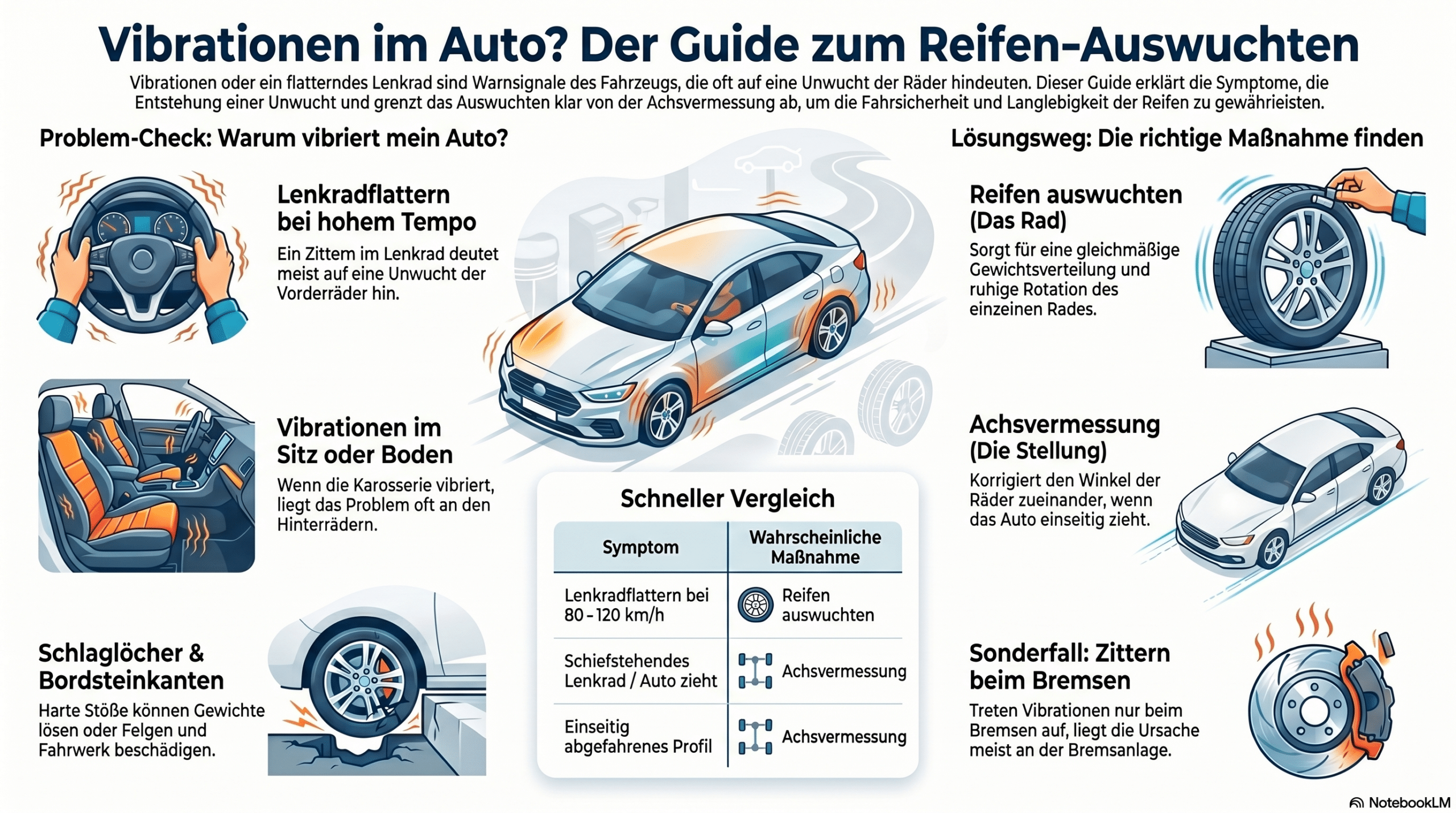 Infografik mit deutschen Texten zeigt Ursachen und Lösungen für Vibrationen im Auto, eine zentrale Illustration eines Autos, Detailbilder von Lenkrad, Reifen und Vibrierungen, sowie eine Vergleichstabelle zu Symptomen und Maßnahmen.