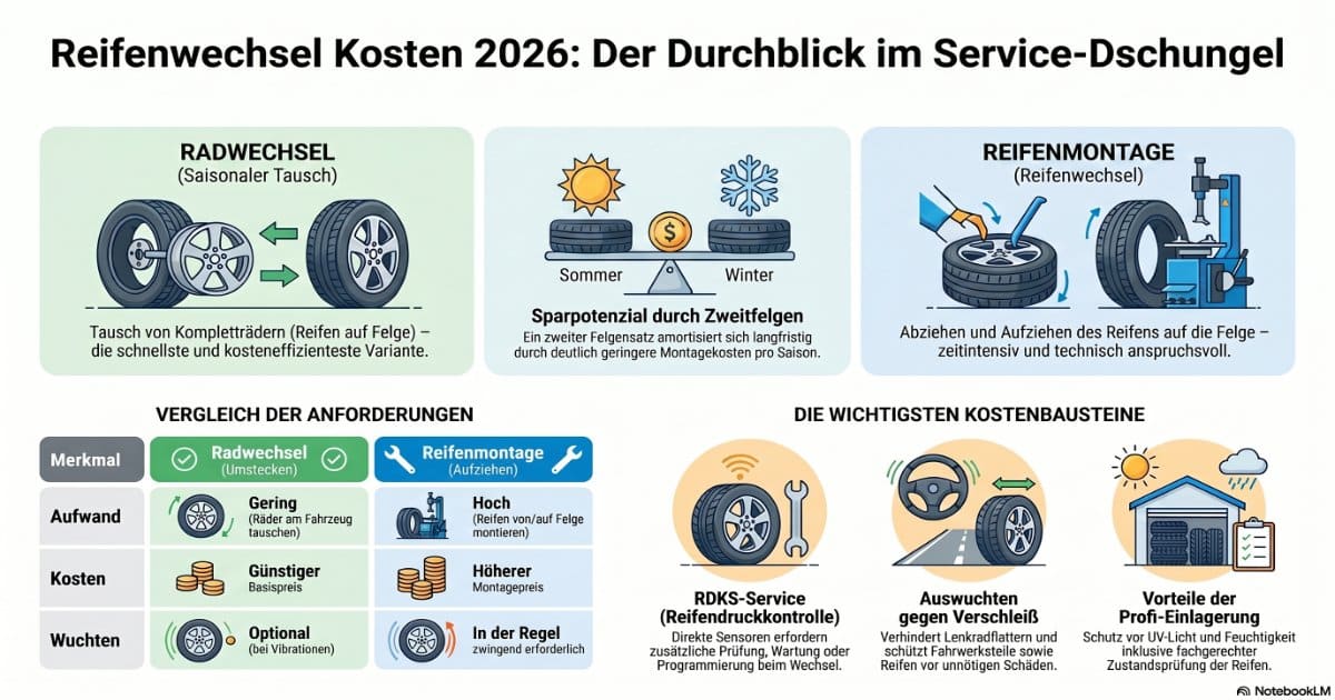 Infografik zu den Kosten für Radwechsel und Reifenmontage im Jahr 2026; zeigt Unterschiede, Anforderungen, Kostentreiber und Bestandteile wie Service, Reifendruckkontrollsystem (RDKS), Montage und Auswuchten von Reifen.