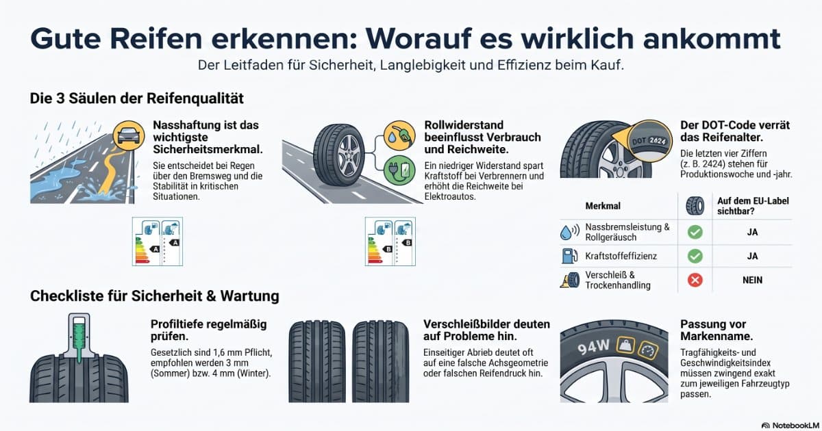 Infografik zu Reifenqualität: Nasshaftung, Rollwiderstand, DOT-Code, Profiltiefe und Verschleiß.