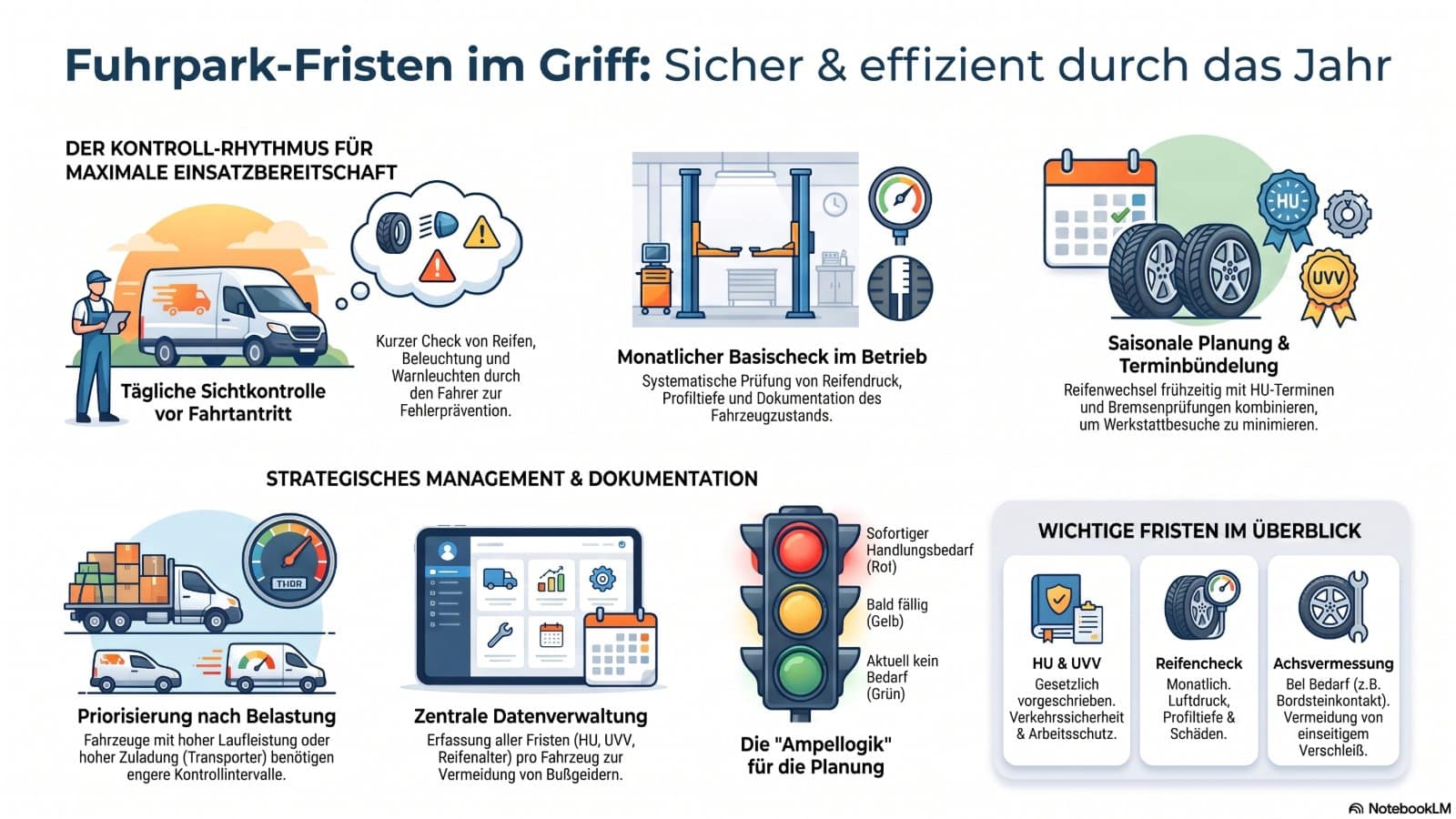 Infografik zu Fuhrpark-Fristen: Sichtkontrolle, Monatscheck, Saisonplanung, Dokumentation und Ampellogik.