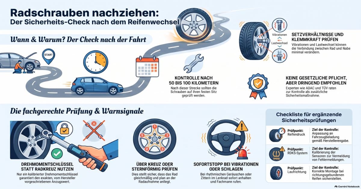 Infografik zum Nachziehen der Radschrauben mit Drehmomentschlüssel nach 50 bis 100 Kilometern.