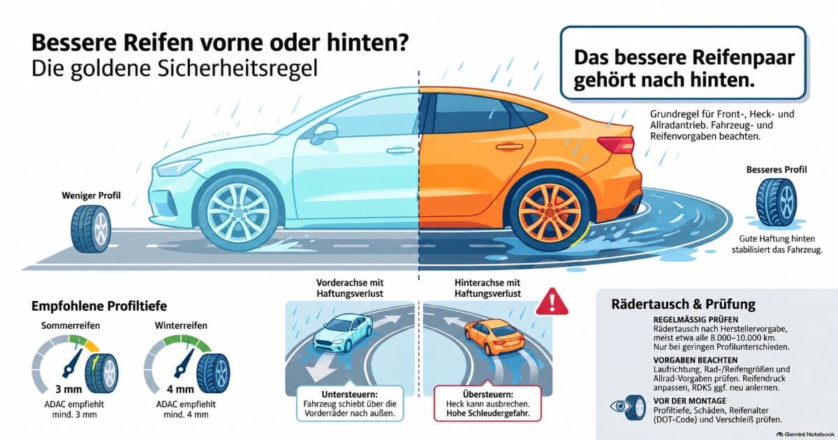 Infografik: Bessere Reifen gehören nach hinten, ergänzt um Profiltiefenempfehlungen und Hinweise zum Rädertausch.