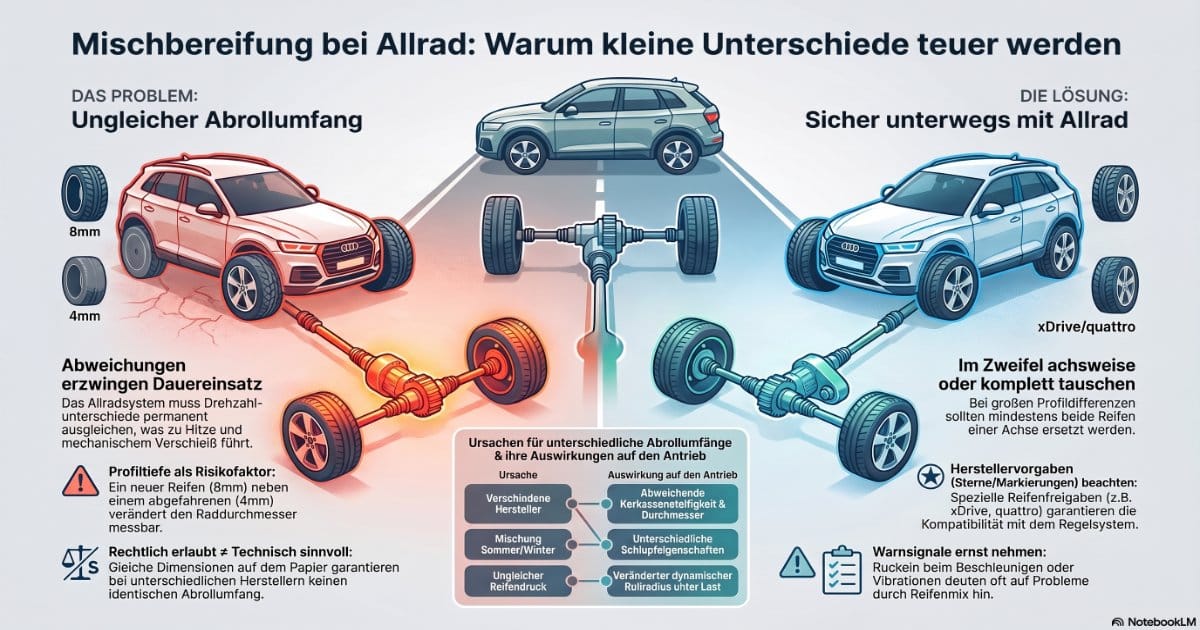 Infografik zur Mischbereifung bei Allrad: ungleicher Abrollumfang, Antriebsbelastung und Reifenwechsel.