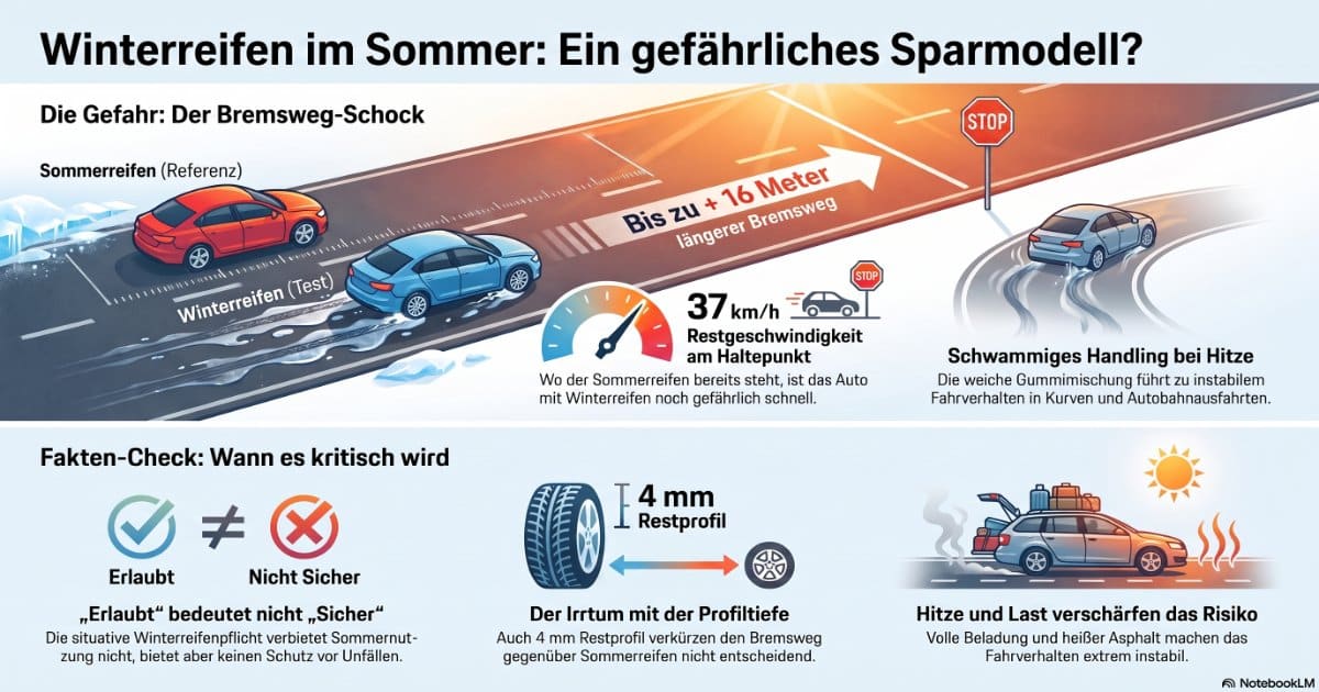 Infografik zu Winterreifen im Sommer mit bis zu 16 Metern längerem Bremsweg und instabilem Fahrverhalten bei Hitze