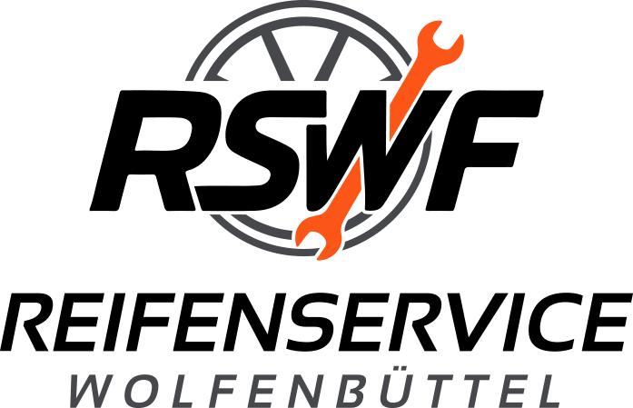 Logo für den RSWF Reifendienst Wolfenbüttel mit einem stilisierten Rad im Hintergrund, fettgedruckter schwarzer Schrift und einem in die Buchstaben integrierten orangefarbenen Schraubenschlüssel - ein perfektes Bild für den professionellen Reifenservice und Reifenwechsel in Wolfenbüttel.