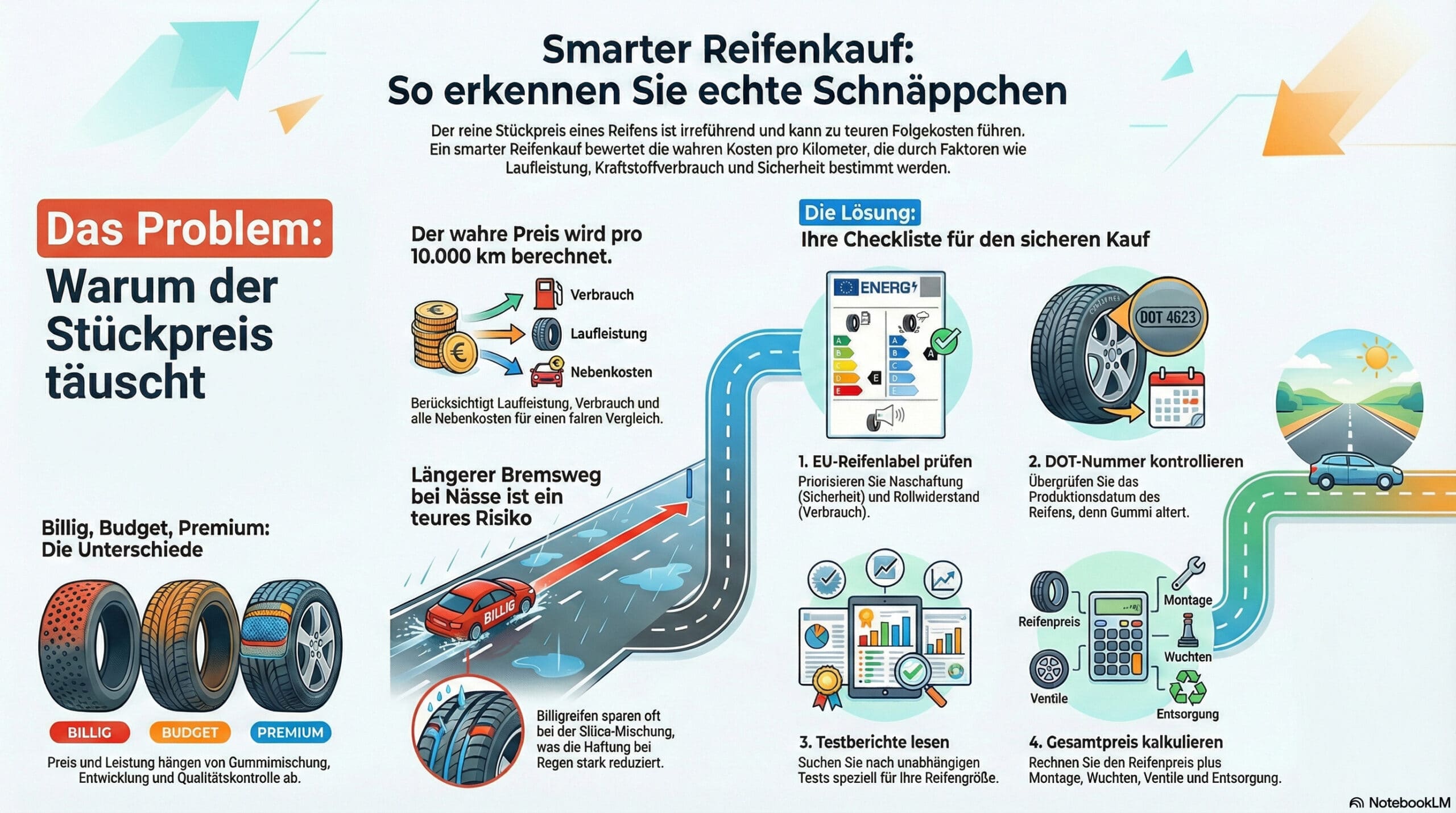 Infografik in deutscher Sprache, die erklärt, wie man echte Reifenschnäppchen erkennt, Budget-, Mittelklasse- und Premium-Reifen vergleicht, die Risiken von Billigreifen auflistet und eine Checkliste für den cleveren Reifenkauf mit Icons und Abbildungen von Reifen und Autos bereitstellt.