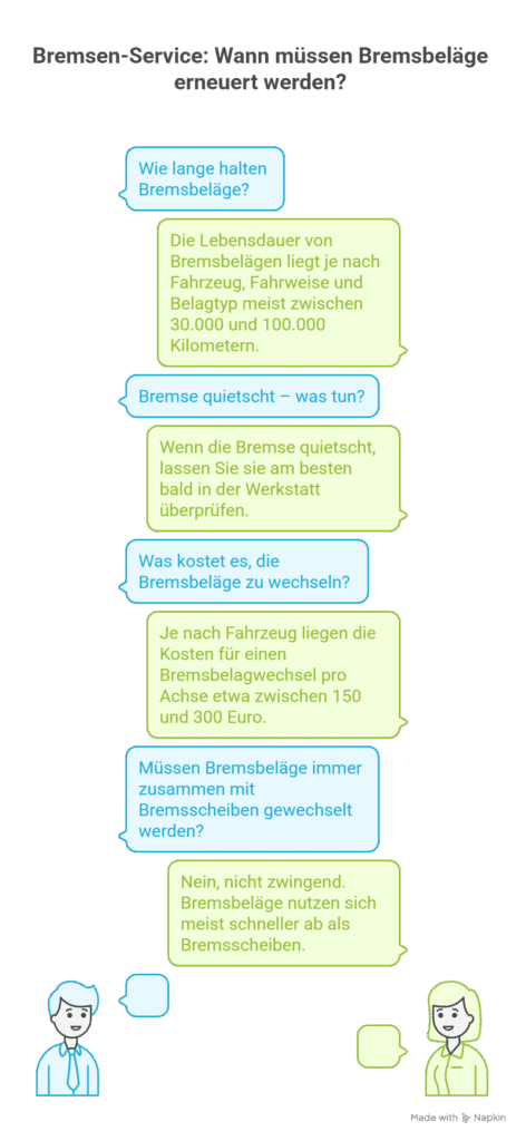 Eine deutschsprachige Infografik erklärt, wann Bremsbeläge ausgetauscht werden müssen, und geht dabei auf die Lebensdauer, die Ursachen des Quietschens, die Austauschkosten und die Frage ein, ob Bremsbeläge zusammen mit den Bremsscheiben gewechselt werden sollten. Am unteren Rand sind zwei Personen abgebildet.