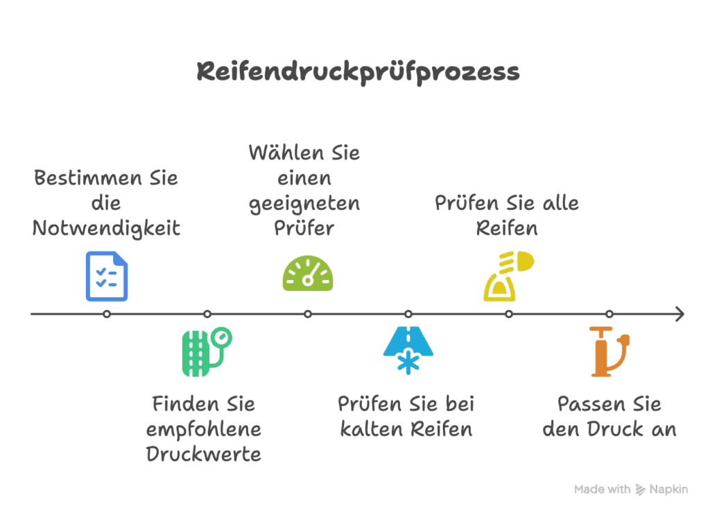 Eine deutschsprachige Infografik zeigt sechs Schritte der Reifendruckkontrolle, die jeweils mit einem Symbol versehen sind: Notwendigkeit prüfen, Messgerät auswählen, empfohlene Werte ermitteln, kalte Reifen prüfen, alle Reifen prüfen und Druck anpassen.
