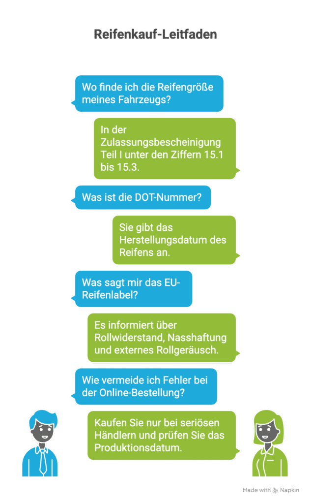 Eine deutschsprachige Infografik mit dem Titel "Reifenkauf-Leitfaden" mit sechs Fragen und Antworten zum Reifenkauf, mit Cartoon-Symbolen eines Mannes und einer Frau am unteren Rand. Der Hintergrund ist schwarz mit blauen und grünen Sprechblasen.
