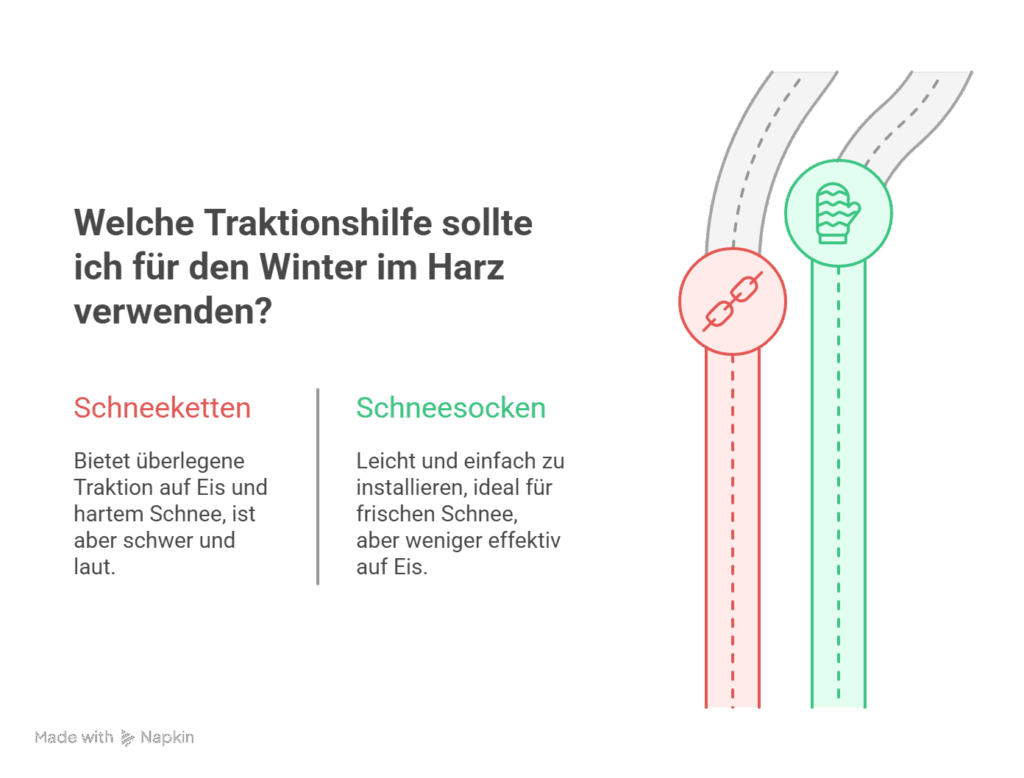 Infografik auf Deutsch vergleicht Schneeketten und Schneesocken für den Winter im Harz. Schneeketten: besser auf Eis und hartem Schnee, schwer und laut. Schneesocken: leicht zu installieren, ideal für frischen Schnee.