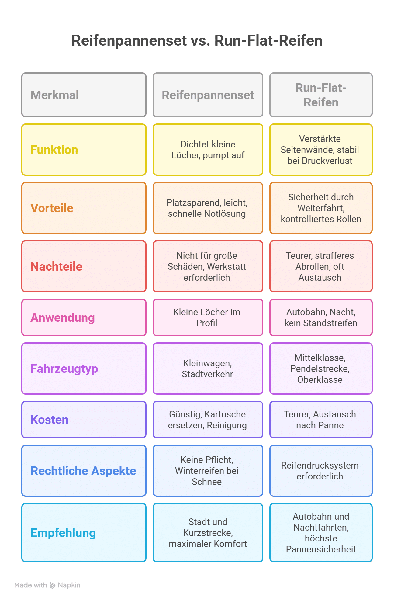 Eine Vergleichstabelle in deutscher Sprache mit dem Titel "Reifenpannenset vs. Run-Flat-Reifen", die Merkmale, Vorteile, Nachteile, Anwendungen, Fahrzeugtyp, Kosten, rechtliche Aspekte und Empfehlungen sowohl für Reparatursätze als auch für Run-Flat-Reifen auflistet.