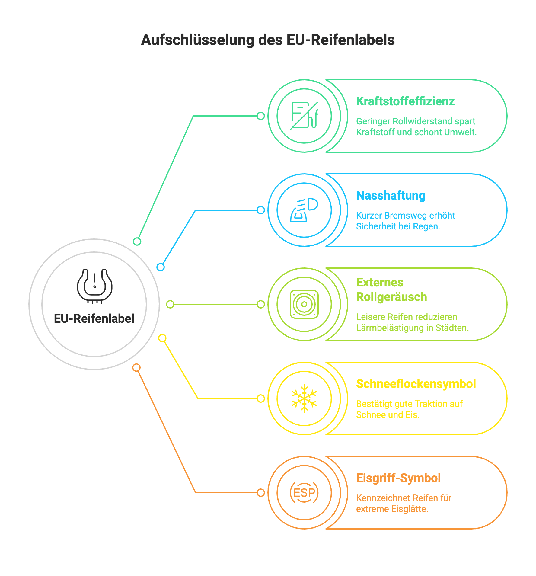 Infografik zur Aufschlüsselung des EU-Reifenlabels mit Symbolen und kurzen Erklärungen zu Kraftstoffeffizienz, Nasshaftung, externem Rollgeräusch sowie Tipps zum Reifenwechsel vom Reifenservice Reifen Wolfenbüttel.
